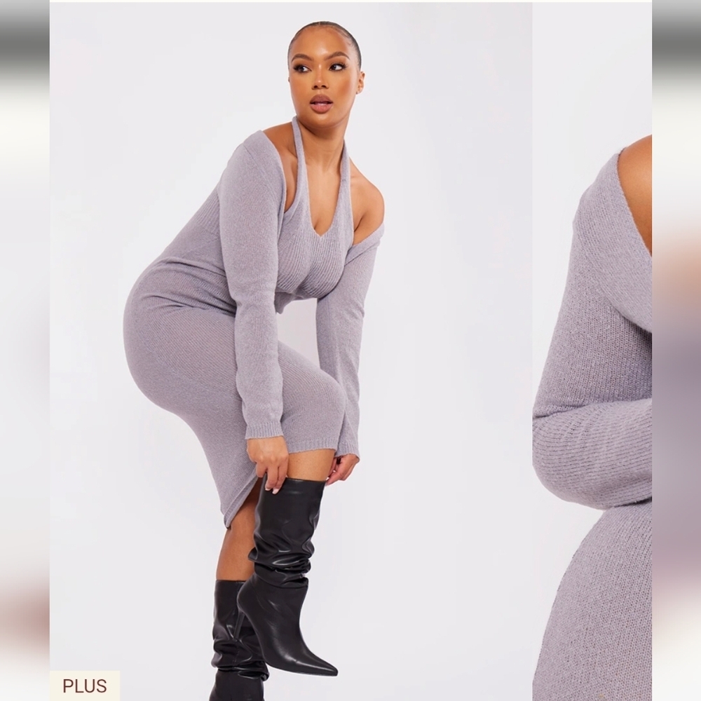 NWT PrettyLittleThing Plus Halterneck Knitted Midi Dress-Grey